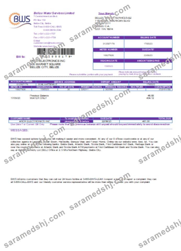 Belize Water Services Limited utility business bill, SCR